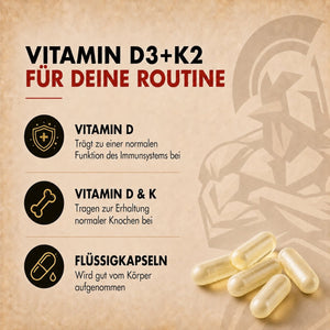 Vitamin D3+K2 I 90 Liquid Kapseln I 5.000 IE Vitamin D3 und 200 mcg Vitamin K2 I Optimale Aufnahme durch Liquid-Formel