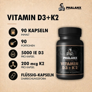Vitamin D3+K2 I 90 Liquid Kapseln I 5.000 IE Vitamin D3 und 200 mcg Vitamin K2 I Optimale Aufnahme durch Liquid-Formel