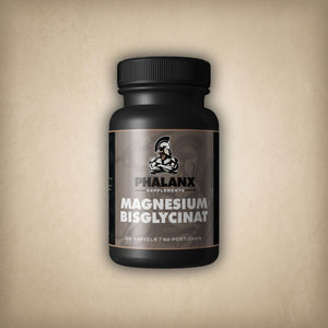 Phalanx Supplements Magnesium Bisglycinat Kapseln Dose auf hellem Stein-Hintergrund