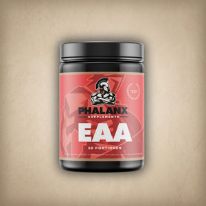Phalanx Supplements EAA Melone Dose mit 50 Portionen auf hellem Stein-Hintergrund