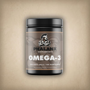 Phalanx Supplements Omega 3 Kapseln Dose auf hellem Stein-Hintergrund