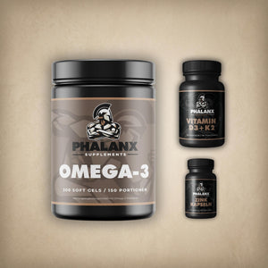 Phalanx Spartan Essentials Stack mit Omega 3 Zink und Vitamin D3 K2 auf hellem Stein-Hintergrund