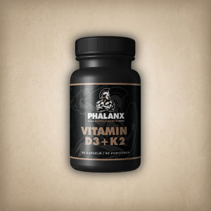 Phalanx Supplements Vitamin D3 K2 Kapseln Dose mit 90 Portionen auf hellem Stein-Hintergrund