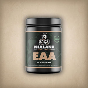 Phalanx Supplements EAA Waldmeister Dose mit 50 Portionen auf hellem Stein-Hintergrund
