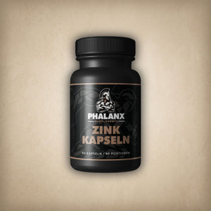 Phalanx Supplements Zink Picolinat Kapseln Dose auf hellem Stein-Hintergrund