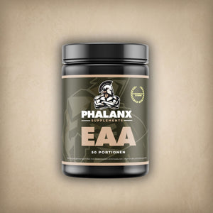 Phalanx Supplements EAA Zitrone Dose mit 50 Portionen auf hellem Stein-Hintergrund